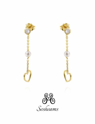 Orecchini a catena con zirconi bianchi e cuore in Argento placcato oro