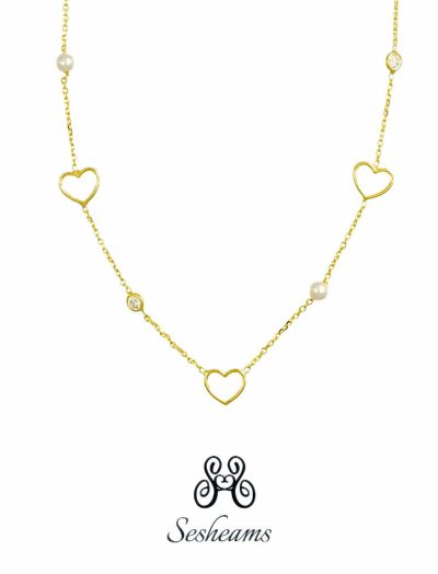 Collana con perle e cuori in argento 925 placcato oro