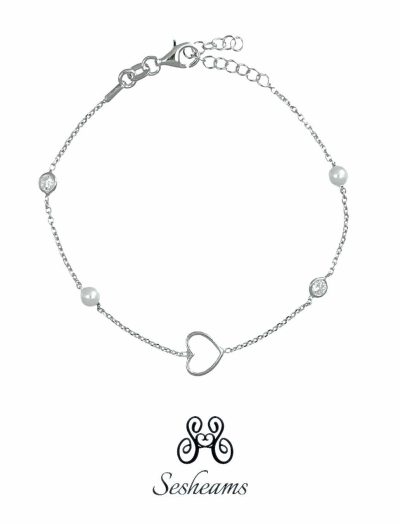 Bracciale a catena in argento rodiato con perle, cuori e zirconi