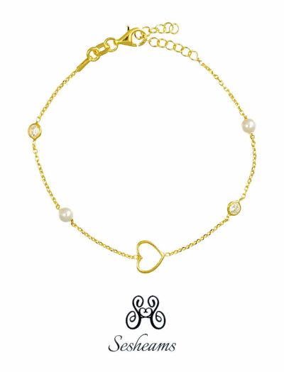 Bracciale a catena in argento placcato oro con perle, cuori e zirconi